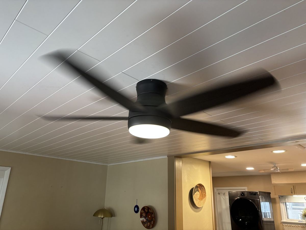 Five-blade silver ceiling fan with integrated light